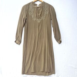Vtg SAINT ROMEI Olive Brown 100% Pure Silk Dress Women Sz 8 Kaftan Long Sleeve